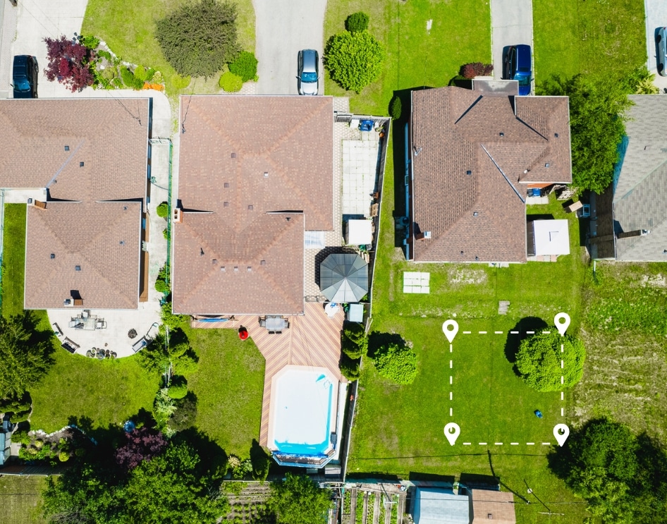 Aerial view of residential properties with a highlighted section for ADU feasibility analysis